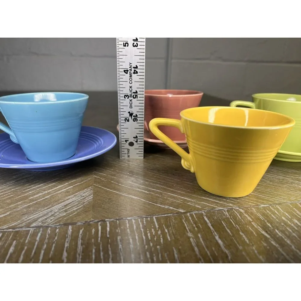 Homer Laughlin China - Harlequin 4 Cups 3‎ Saucers - Chartreuse Yellow Blue Rose